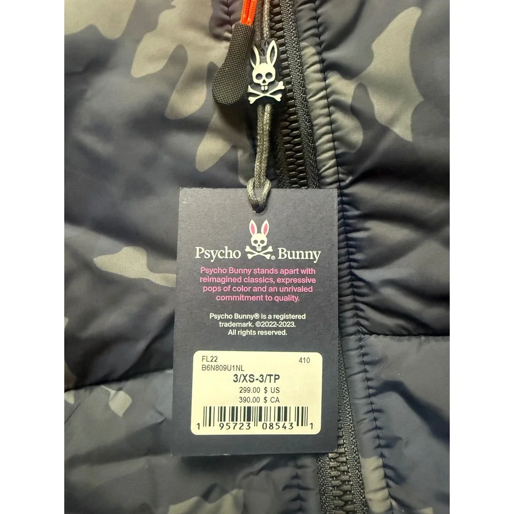 Psycho Bunny Mens Camo Hooded Puffer Jacket Blue Grey XS B6N809U1NL NEW